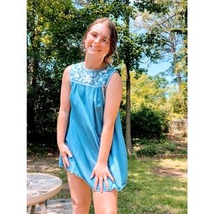 Blue jean dress, with embroidery